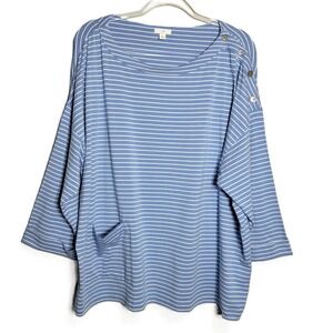 J. Jill Womens 3X Blue White Striped Pima Cotton Modal Boat Neck Button Top